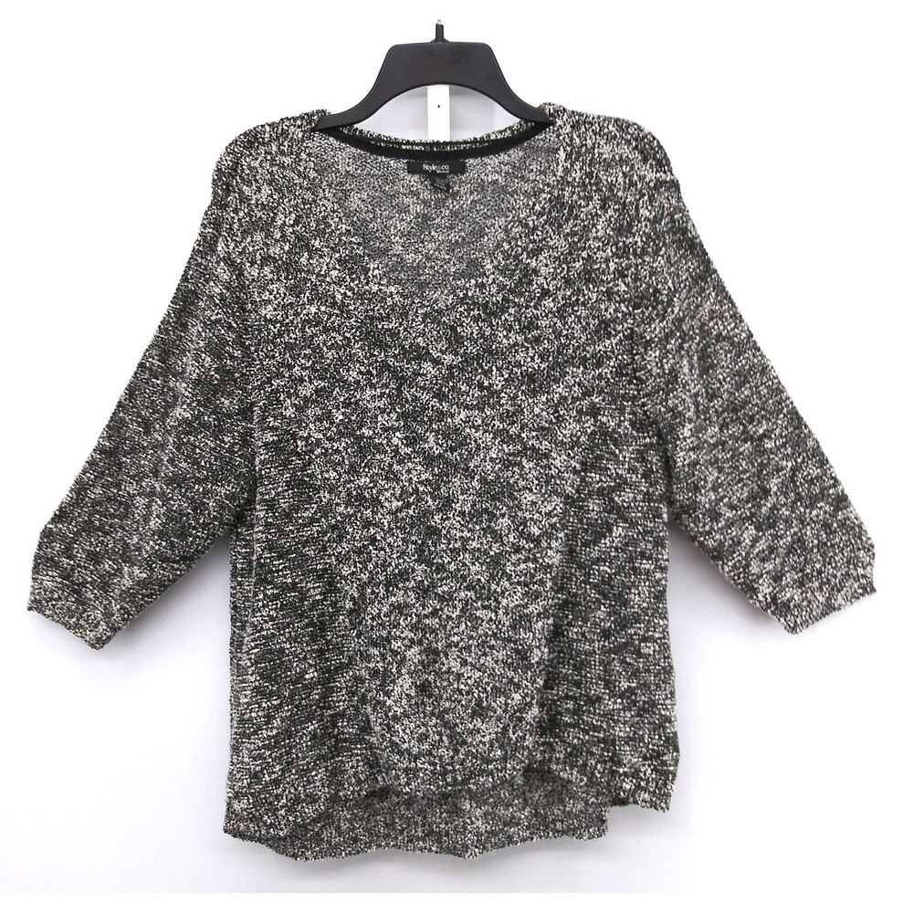 Style & Co Sweater Womens 2X Black White Marled Cotton Knit Pullover 3/4 Sleeve